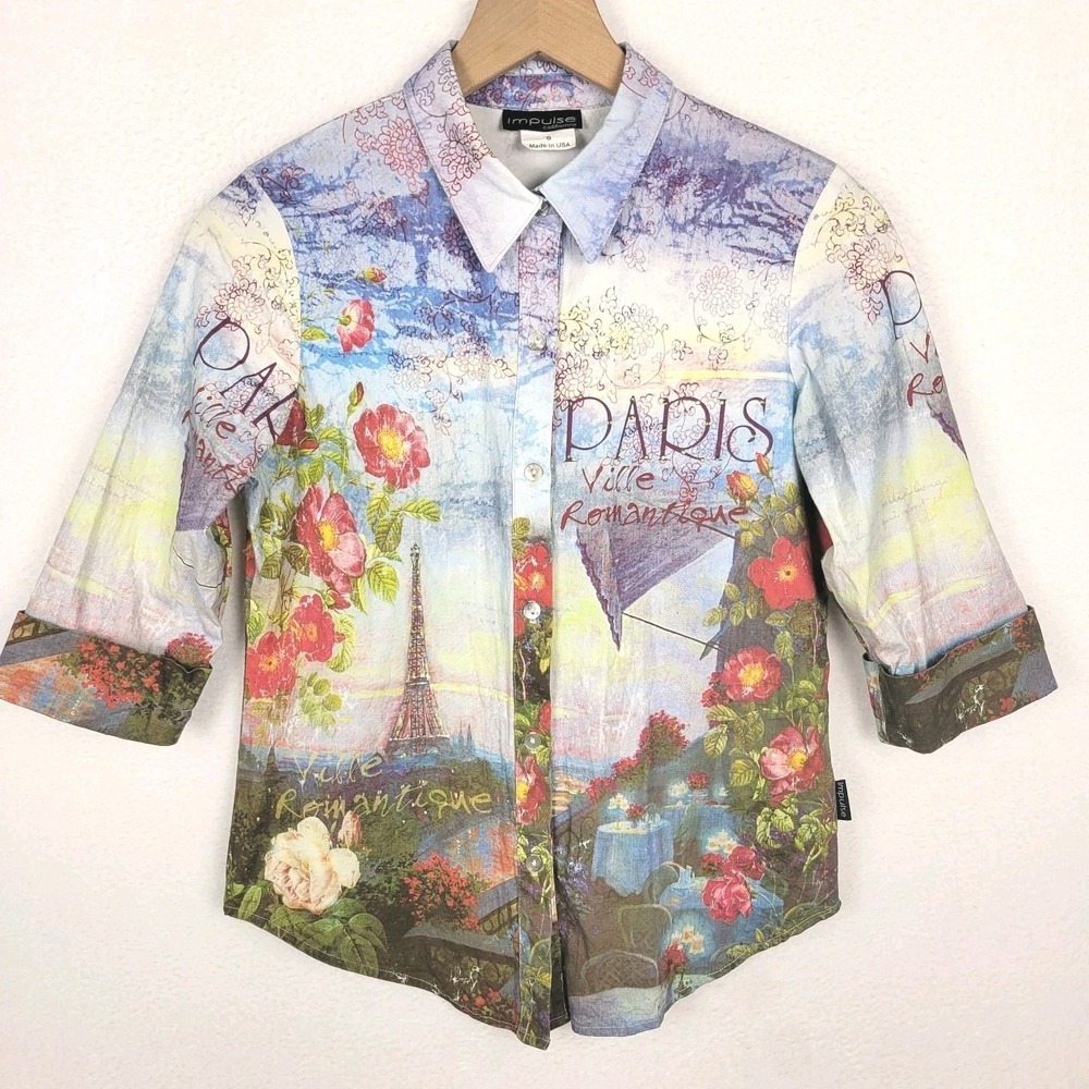 Impulse California Paris Graphic Button Up Shirt Women's S Artsy Maximalist‎ USA